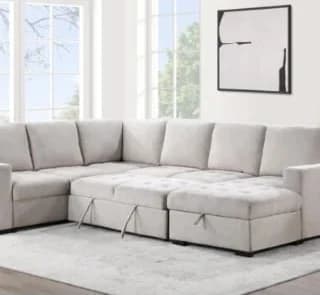 Beige sectional sofa with storage in modern living room, priced at $1,599.00 with 16% discount