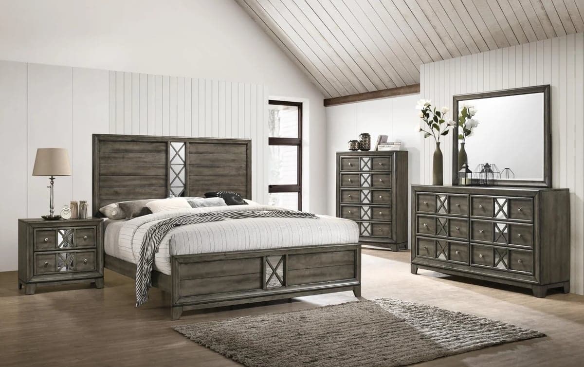 Modern farmhouse bedroom set with gray wood furniture including bed, dresser, nightstand, and mirror in bright white room