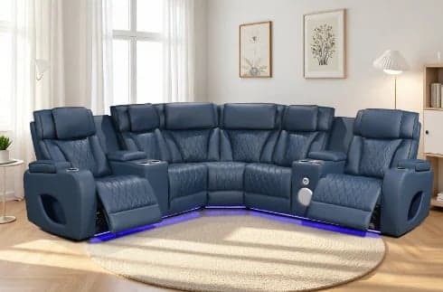 Large blue leather sectional recliner sofa with LED lighting in modern living room