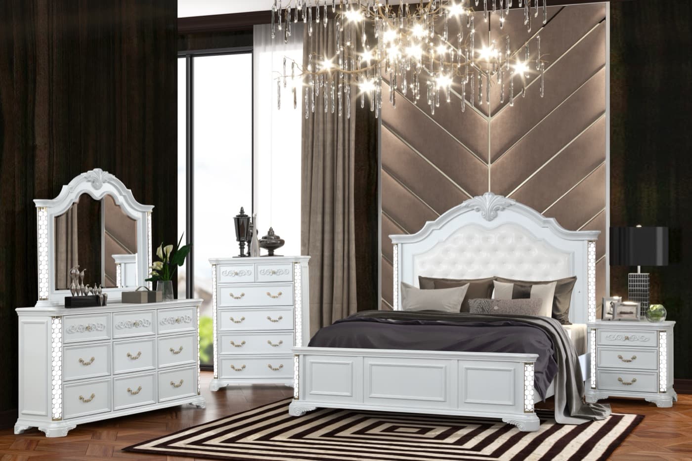 Anani 4-piece bedroom set with a tall upholstered headboard, dresser, mirror, and nightstand
