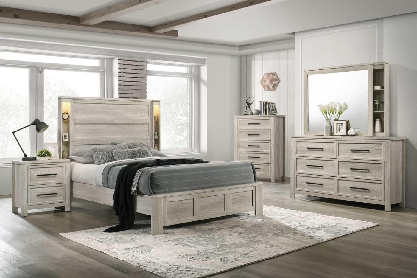 Emma 4-piece bedroom set with an upholstered headboard, dresser, mirror, and nightstand