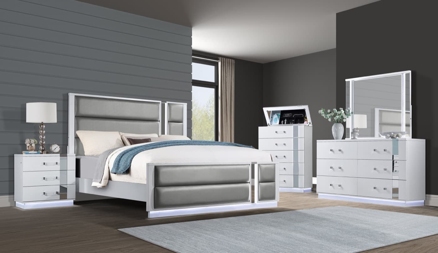 Hailey 4-piece bedroom set with a tufted headboard, mirrored accents, dresser, mirror, and nightstand