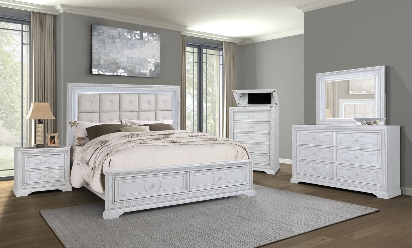 Isabella 4-piece bedroom set with a stately upholstered headboard, dresser, mirror, and nightstand