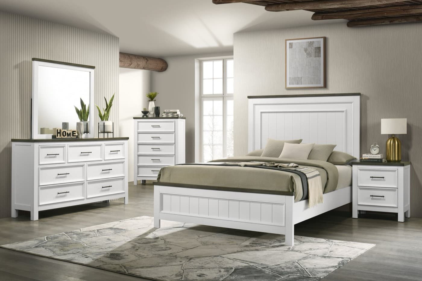 Joy 4-piece bedroom set with an upholstered bed, dresser, mirror, and nightstand