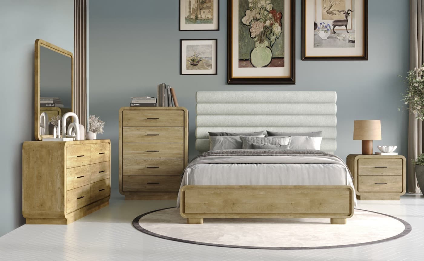 Maria 4-piece bedroom set in warm woodgrain with a bed, dresser, mirror, and nightstand