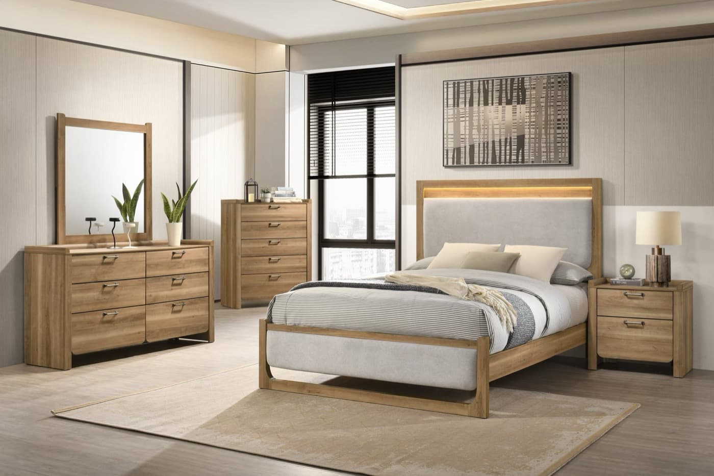 Sophia king 4-piece bedroom set with a tall upholstered headboard, dresser, mirror, and nightstand