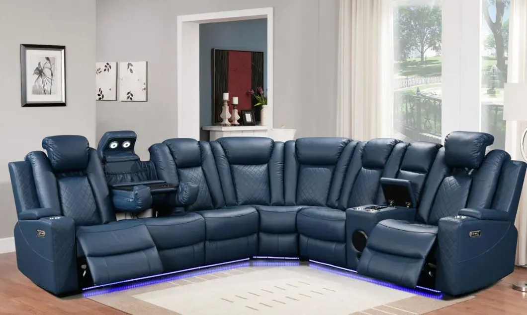Daytona blue leather power-reclining sectional with LED accent lighting