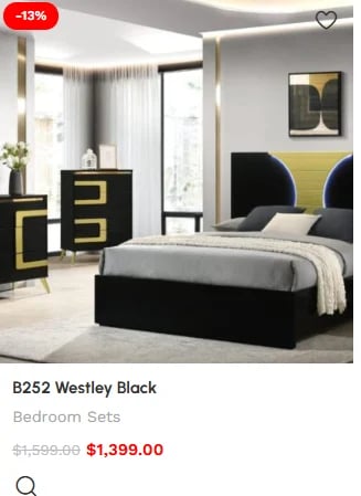 B252 Westley Black bedroom set with black bed frame, gold-trimmed nightstands, and modern decor in gray bedroom