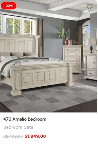 470 Amelio Bedroom set featuring cream-colored wooden furniture with bed, nightstands, and dresser in a modern bedroom with gray walls and rug