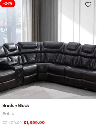 Black leather sectional sofa in modern living room with -24% discount badge and price $1,899.00