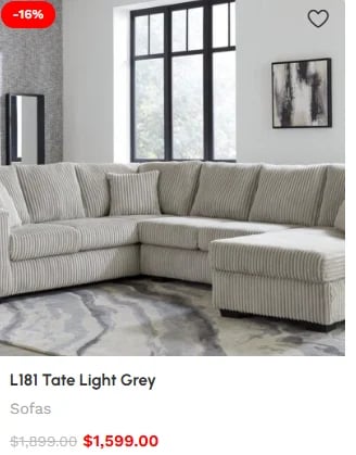 L181 Tate light grey sectional sofa in living room with discount badge