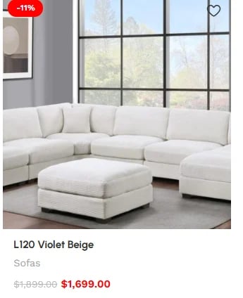 L120 Violet Beige sectional sofa with ottoman in modern living room, 11% discount, sale price $1,699.00
