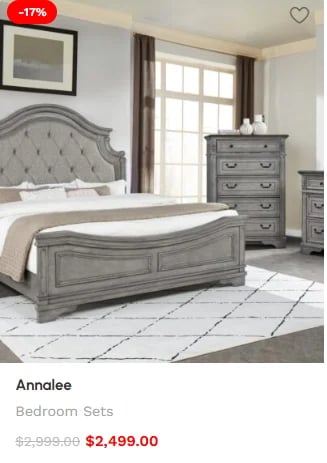 Annalee bedroom furniture set with gray wood bed, dresser, and nightstand on white patterned rug
