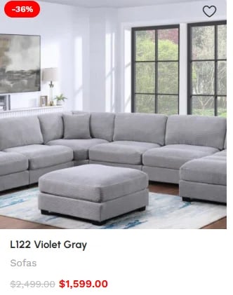 Gray sectional sofa L122 Violet Gray with ottoman in modern living room, on sale for $1,599.00