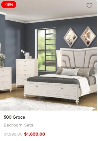 500 Grace bedroom furniture set with white bed frame, matching white nightstands, and dresser in a modern bedroom with dark blue walls