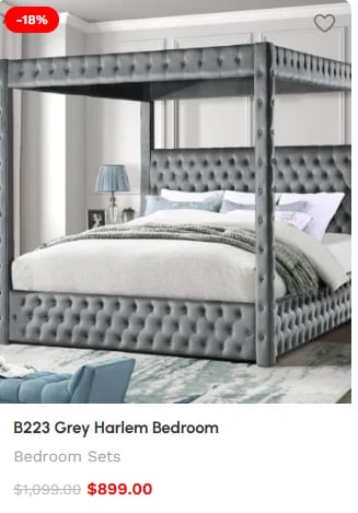 Grey upholstered four-poster canopy bed with tufted headboard and footboard, displaying -18% discount, priced at $899.00