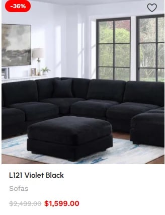 Black modular sectional sofa L121 Violet in living room with ottoman, 36% off sale price $1,599