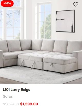 Beige sectional sofa with storage in modern living room, priced at $1,599.00 with 16% discount