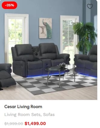 Cesar Living Room furniture set featuring dark gray recliners with center console and glass table on blue-lit checkered floor