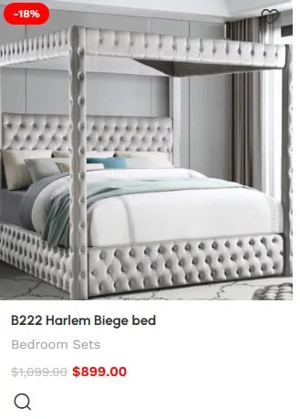 B222 Harlem Beige four-poster canopy bed with tufted headboard and footboard, on sale for $899.00