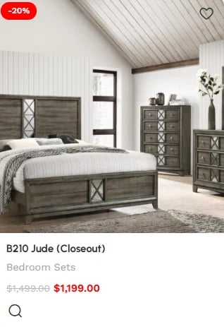 B210 Jude bedroom furniture set in rustic gray wood with X-design accents, including bed, dresser, and nightstands, on sale for $1,199.00