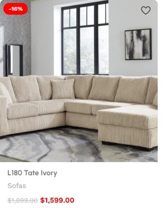 L180 Tate Ivory sectional sofa in beige with -16% discount, priced at $1,599.00 in living room setting